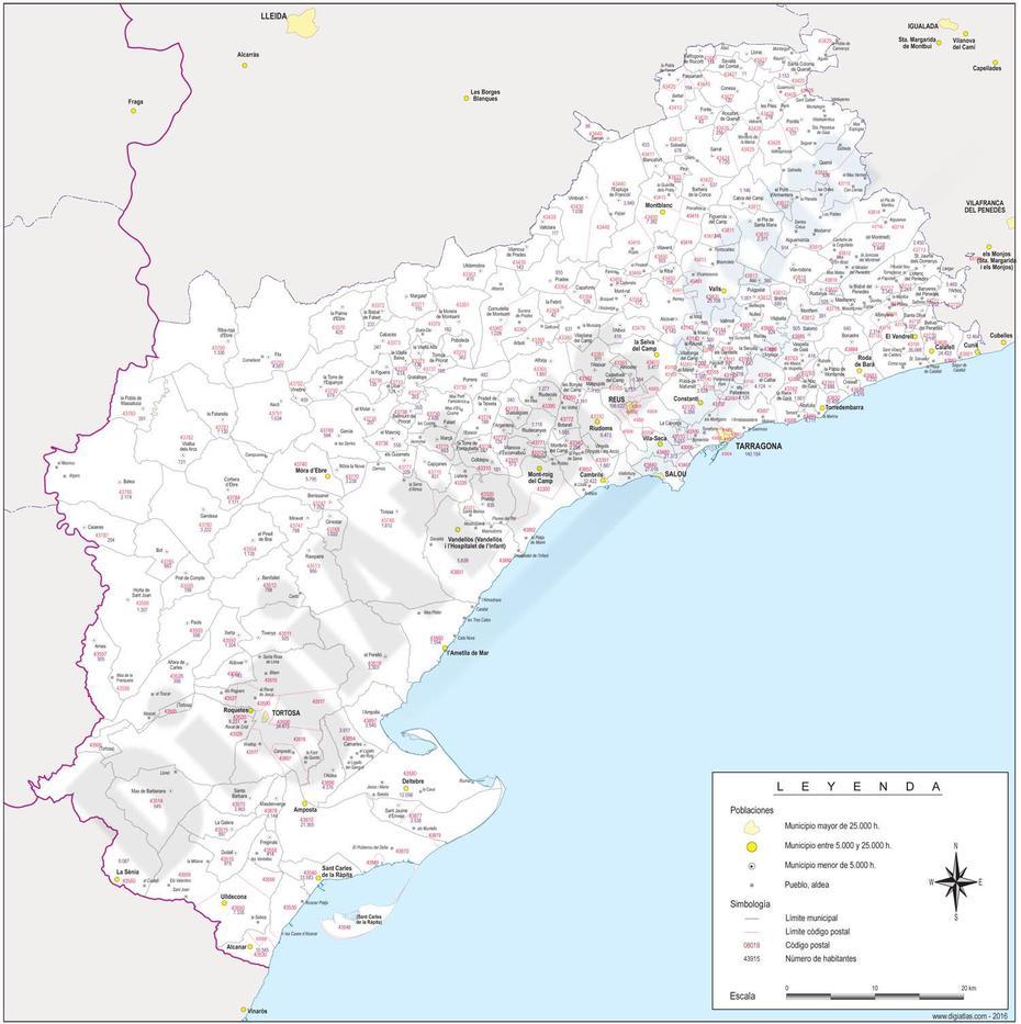 Tarragona – Province Map With Municipalities, Postal Codes And Inhabitants, Tarragona, Philippines, Tarragona Beach, Tarragona Catalonia