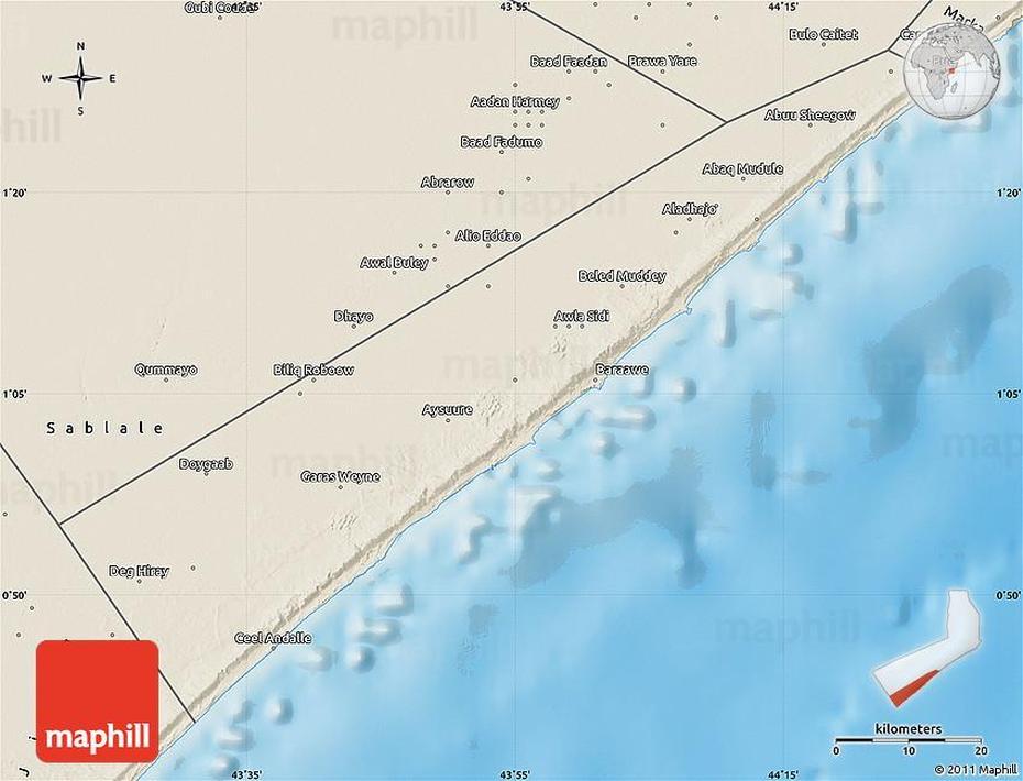 Shaded Relief Map Of Baraawe, Baraawe, Somalia, Barawe, Jilib Somalia