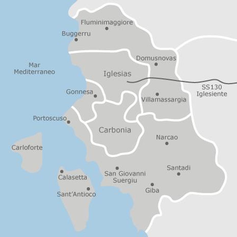 Mappa Di Carbonia-Iglesias Provincia: Comuni Con Annunci Di Case In …, Carbonia, Italy, Porto  Flavia, Sardinia Island Italy