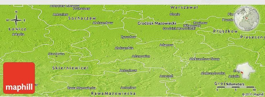 Physical Panoramic Map Of Zyrardow, Żyrardów, Poland, Aqua Żyrardów, Zyrardow  Flag