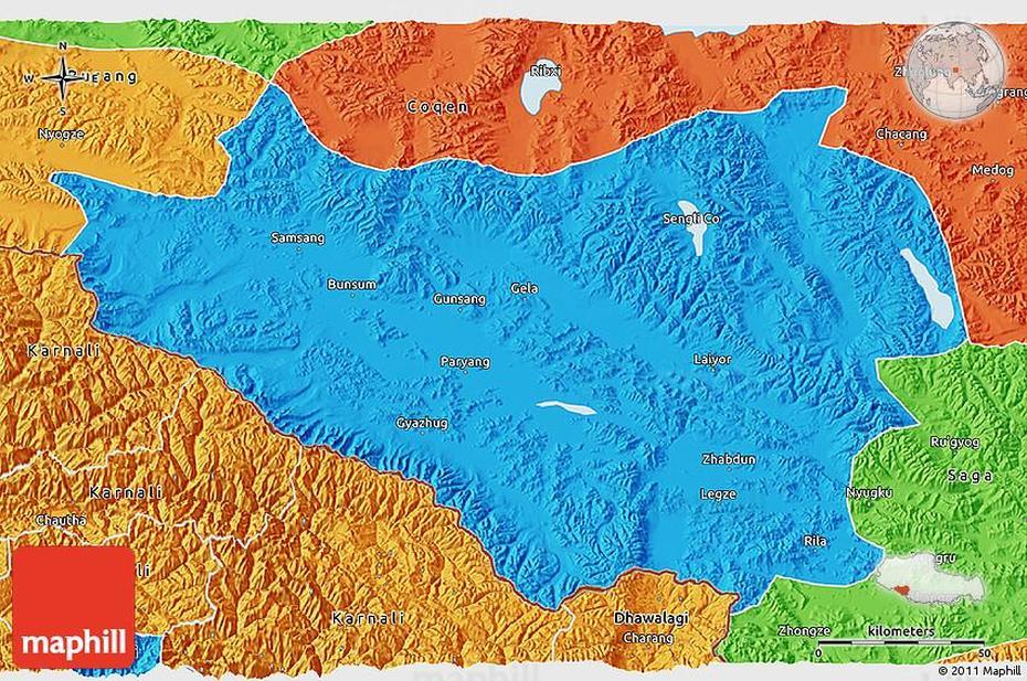 Political 3D Map Of Zhongba, Zhongba, China, China  Colored, North China