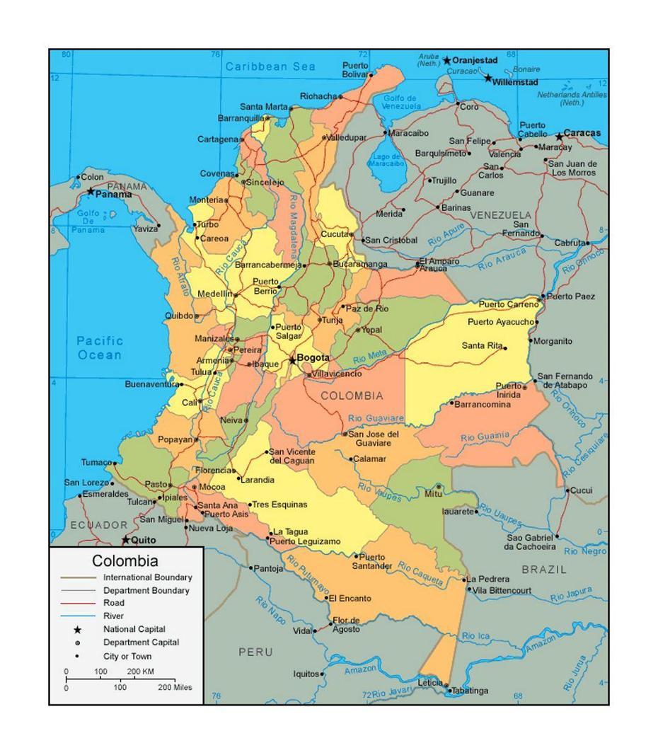 Political And Administrative Map Of Colombia With Roads And Major …, Tuchín, Colombia, Barranquilla Colombia, Colombia  Geography