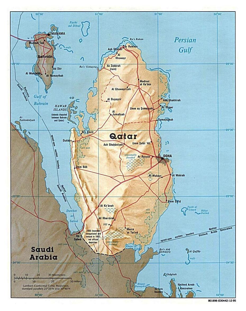 Detailed Political Map Of Qatar With Relief, Roads And Cities – 1995 …, Nu‘Ayjah, Qatar, Beleriand, Phan Rang