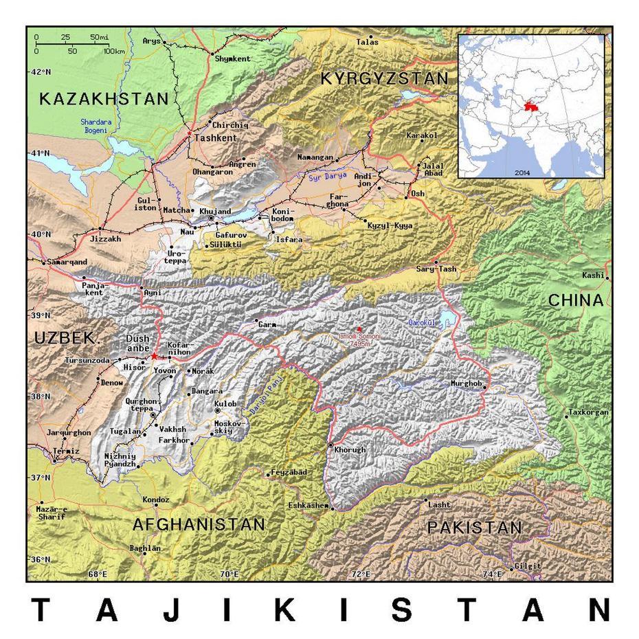 Detailed Political Map Of Tajikistan With Relief | Tajikistan | Asia …, Muchun, Tajikistan, Tajikistan Borders, Kyrgyzstan And Tajikistan