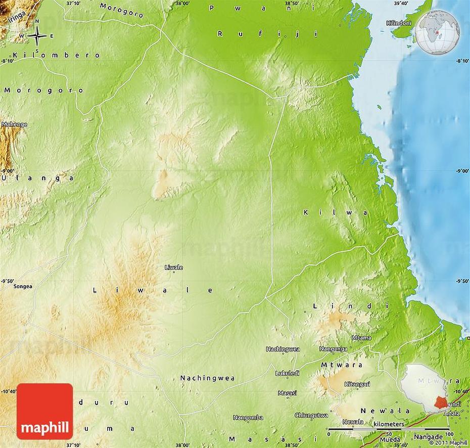 Physical Map Of Lindi, Lindi, Tanzania, Lindi Town, Mtwara Tanzania