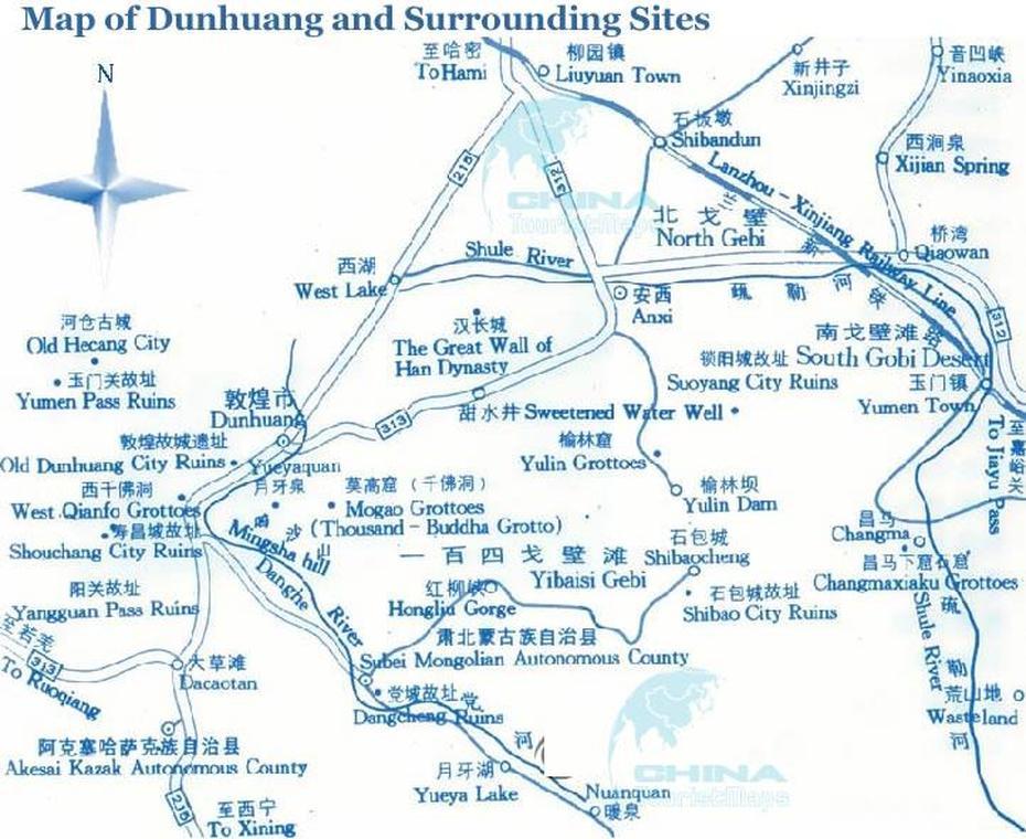 Bilingual Tourist Map Of Dunhuang And Surrounding Sites, Map Of …, Dunhua, China, China  With Compass, China Continent