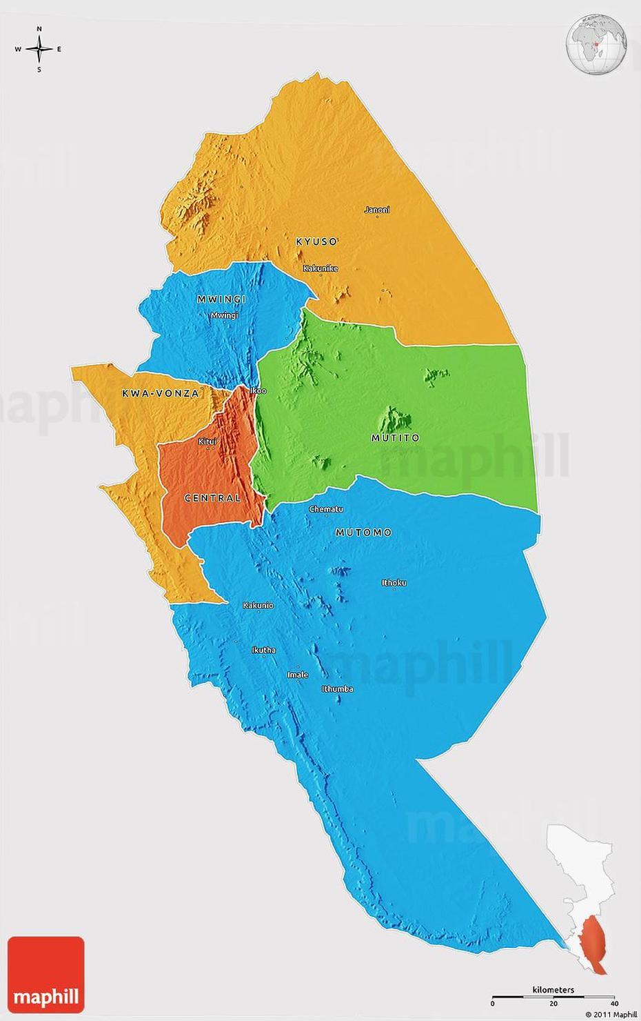 Political 3D Map Of Kitui, Cropped Outside, Kitui, Kenya, Mwingi Kenya, Nanyuki Kenya