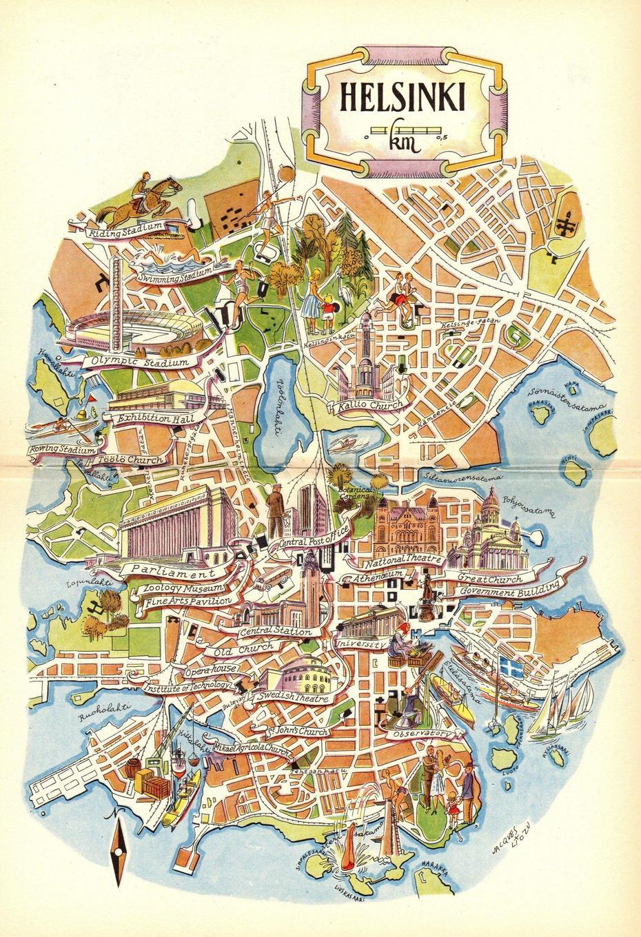 1952 Vintage Helsinki Finland Picture Map Of Finland Pictorial Cartoon …, Helsinki, Finland, Finland Physical, Lapland Finland