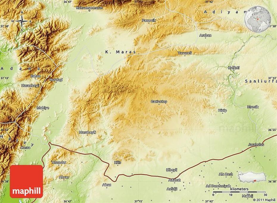 Physical Map Of Gaziantep, Gaziantep, Turkey, Kayseri, Konya Turkey