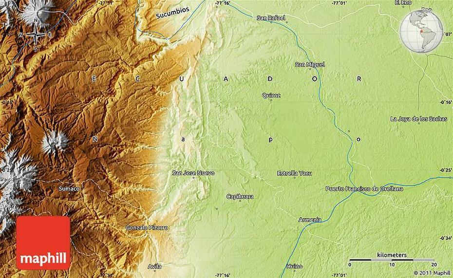 Physical Map Of Puerto Francisco De Orellana, Puerto Francisco De Orellana, Ecuador, Francisco Pizarro Travel Route, Guayaquil