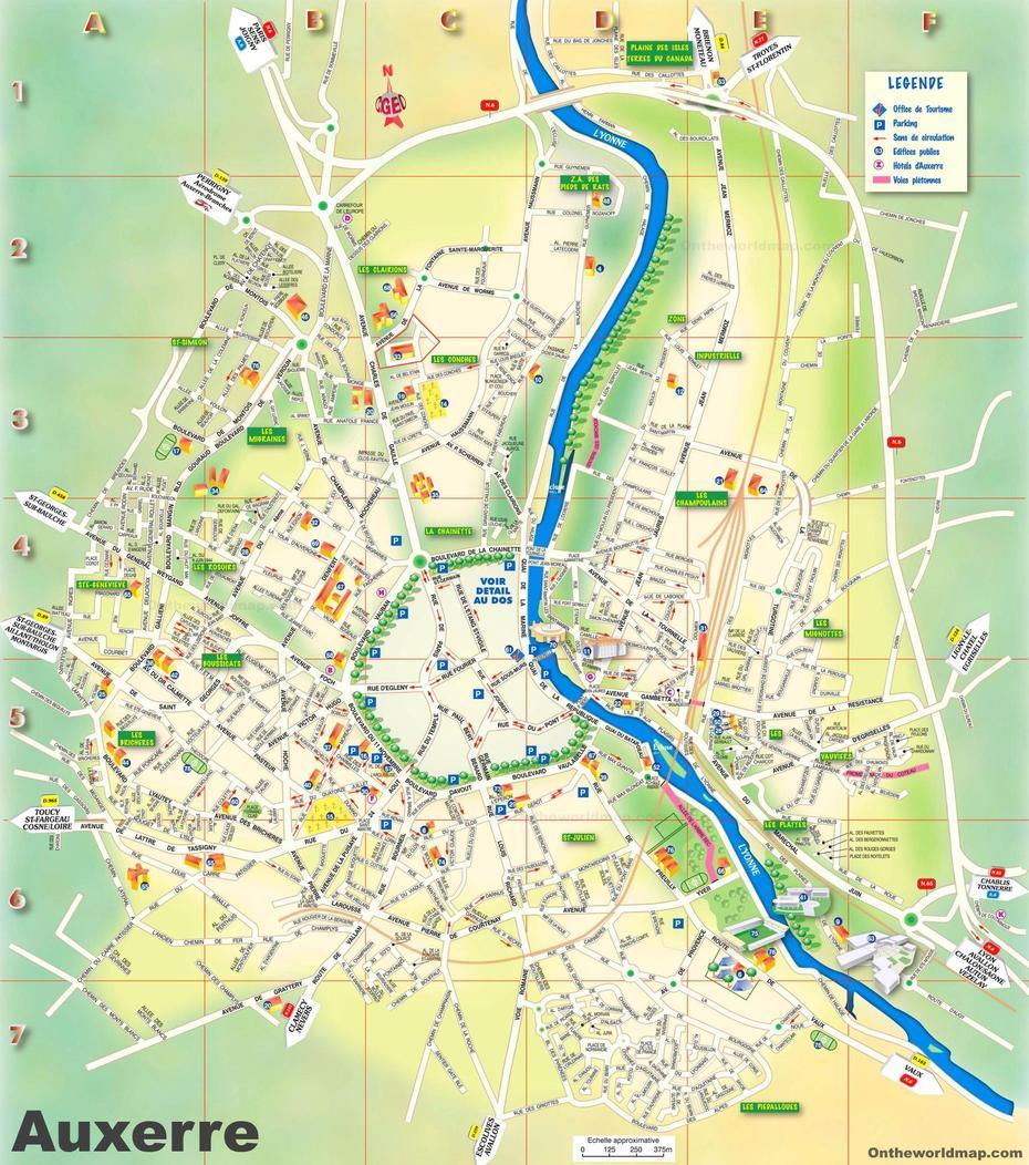 Auxerre Tourist Map, Auxerre, France, Troyes France, Grand Est France