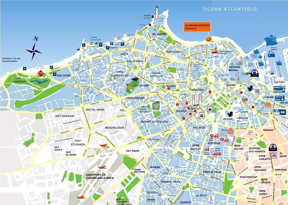 Casablanca Tourism Map, Casablanca, Morocco, Morocco Physical, Casablanca Marruecos