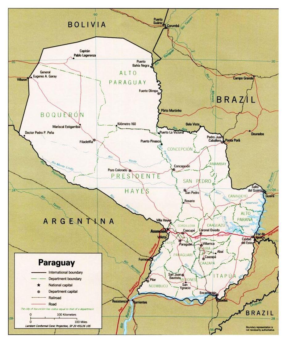 Detailed Political And Administrative Map Of Paraguay With Roads And …, Ypané, Paraguay, Paraguay On World, Chaco Paraguay