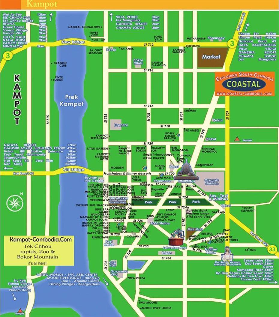 Kampot Map. Courtesy Of The Kampot Survival Guide. List Of Hotels., Kampot, Cambodia, Cambodia Coast, Sihanoukville Cambodia