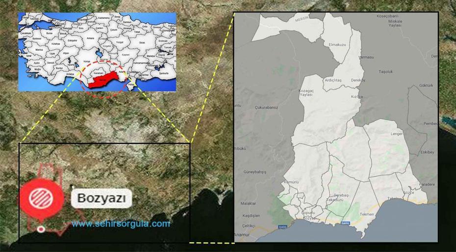 Bozyaz Mahalleleri, Bozyaz Ilcesi, Bozyaz Mahalle Haritas, Bozyazı, Turkey, Bodrum Turkey, Turkey  Outline