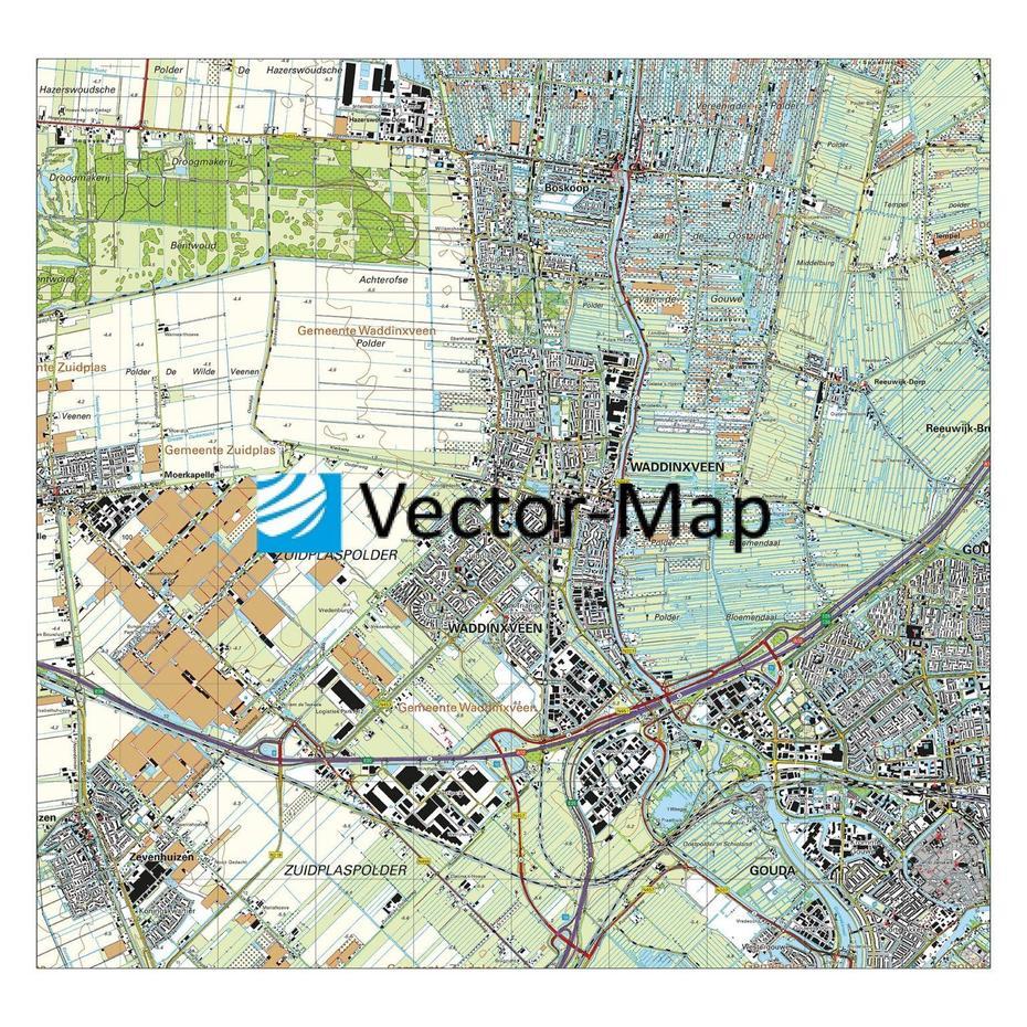 Topografische Kaart Waddinxveen – Vector-Map De Online Kaarten Shop!, Waddinxveen, Netherlands, Hefbrug Waddinxveen, Schiedam Netherlands