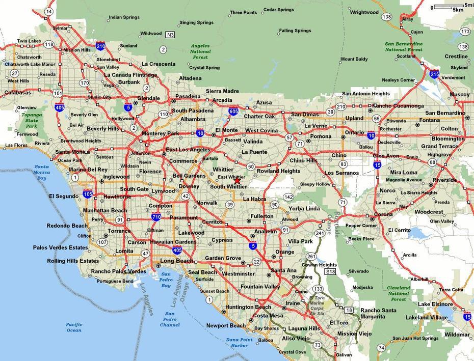 Detailed Road Map And Highways Map Of Los Angeles Area. Los Angeles …, Los Angeles, United States, Los Angeles Cartina, Los Angeles Elevation