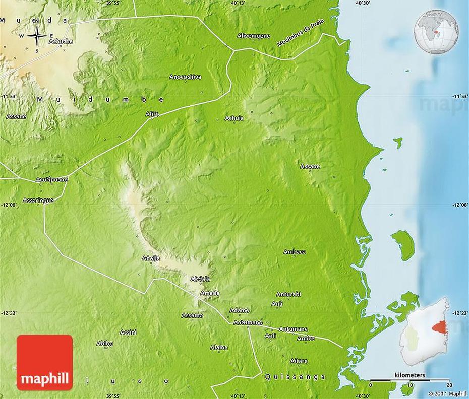 Physical Map Of Macomia, Macomia, Mozambique, Mozambique Villages, Cabo Delgado Mozambique