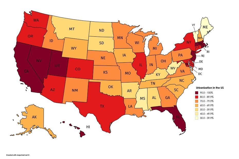 U.S. States By Percentage Of Urban Population (2010) : Mapporn, Urbana, United States, Uiuc, Champaign- Urbana