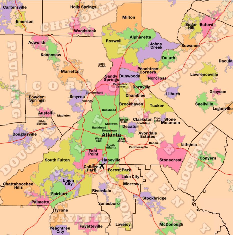 City Of Atlanta Map, Atlanta, United States, Greater Atlanta, United States  Large Print