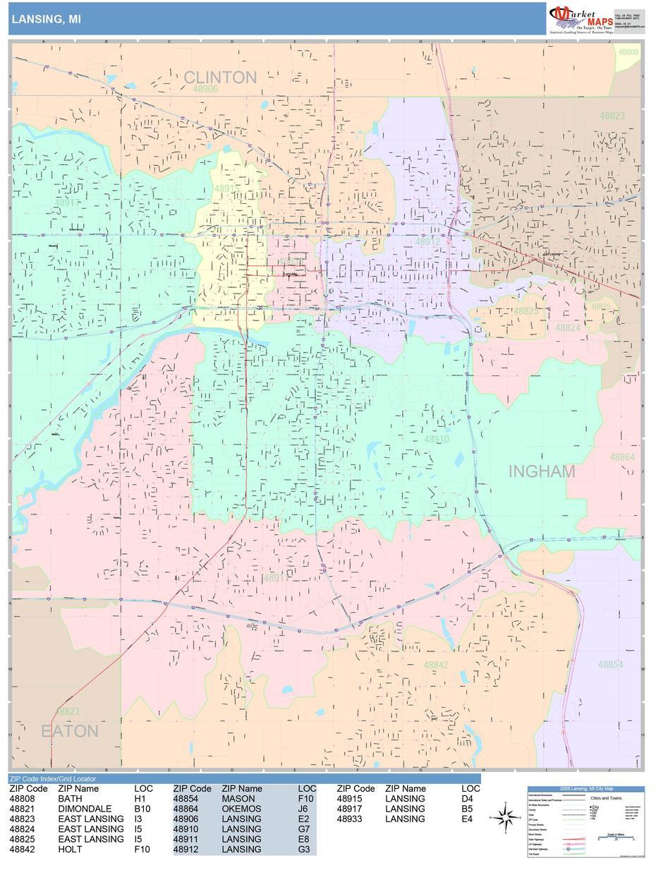 Lansing Michigan Wall Map (Color Cast Style) By Marketmaps – Mapsales, Lansing, United States, Lansing Illinois, Downtown Lansing