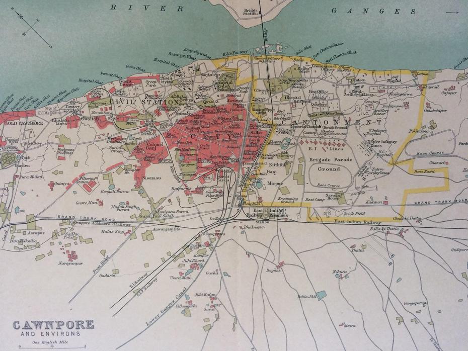 1908 Cawnpore (Kanpur) And Environs Original Antique Map – Available …, Cawnpore, India, Sepoy Mutiny  1857, Massacre  Ghat