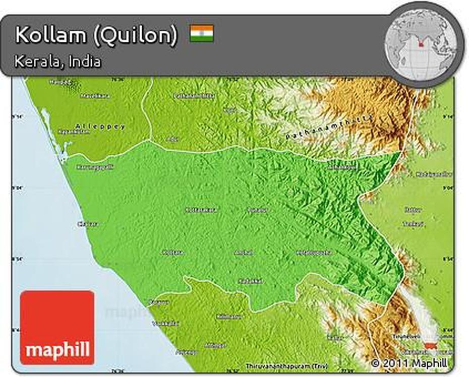 Free Political Map Of Kollam (Quilon), Physical Outside, Quilon, India, Quilon City, Quilon India