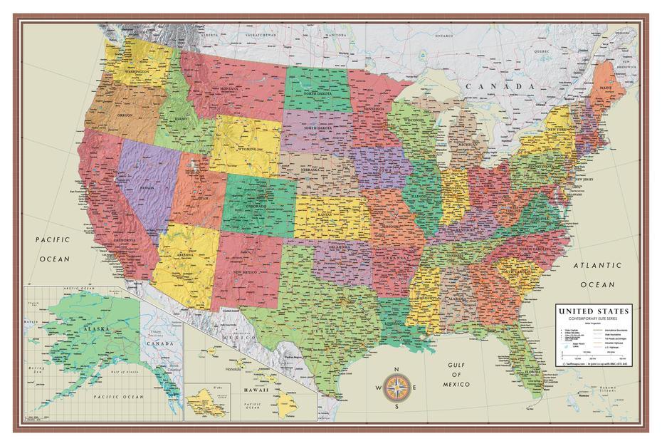 24X36 United States, Usa Contemporary Elite Wall Map Laminated …, Wall, United States, Large  Of The United States, Wall  Laminated