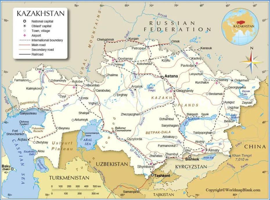 Labeled Map Of Kazakhstan With States, Capital & Cities, Zhitiqara, Kazakhstan, Kazakhstan On The World, Kazakhstan Country