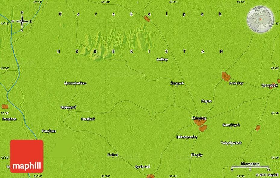 Physical Map Of Chimboy, Chimboy Shahri, Uzbekistan, Uzbekistan Asia, Uzbekistan On World