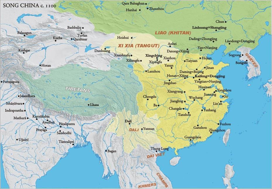 Song Dynasty Map Showing The Major Cities, Circa 1100 Ad. | Map …, Songcaozhen, China, Song Dynasty China, Southern Song Dynasty