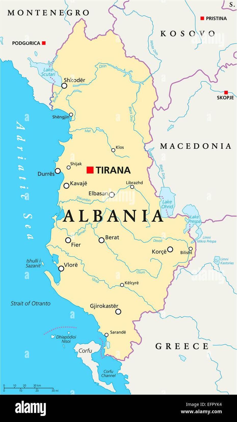 Albania Political Map With Capital Tirana, National Borders, Important …, Tirana, Albania, Albania Capital, Big Albania