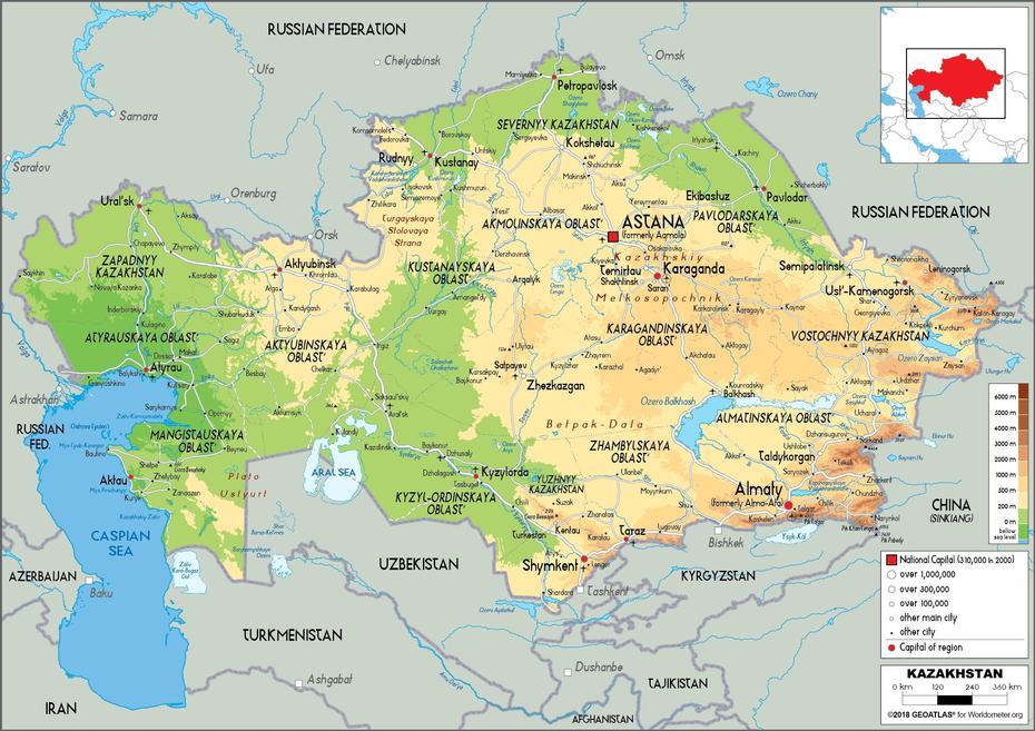 Kazakhstan Map (Physical) – Worldometer, Arqalyq, Kazakhstan, Kazakhstan On The World, Kazakhstan Country