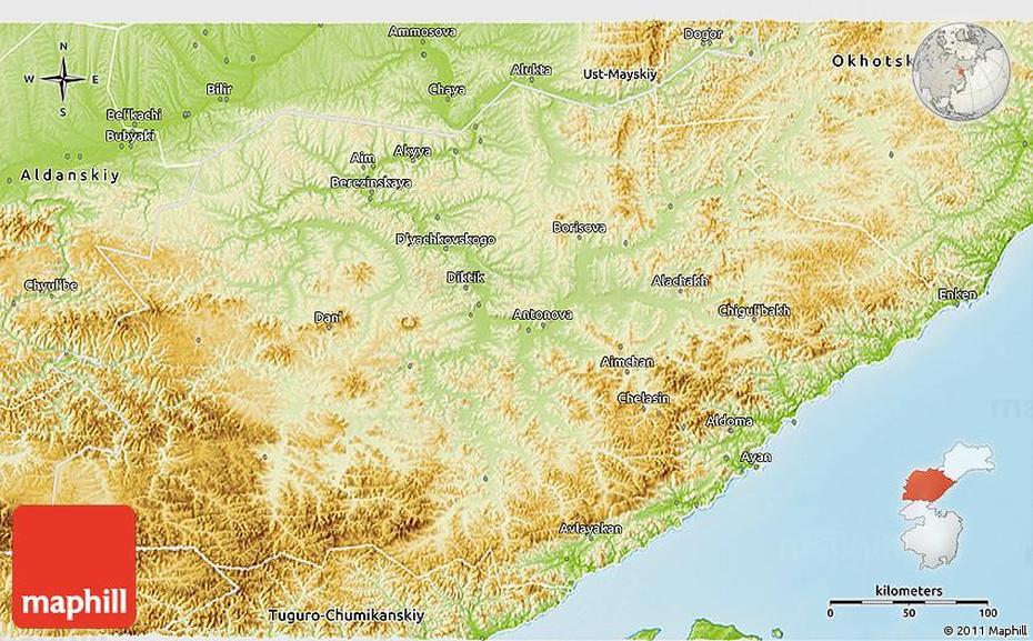 Physical 3D Map Of Ayano-Mayskiy, Mayskiy, Russia, Russia  With Cities, Of Russia Area