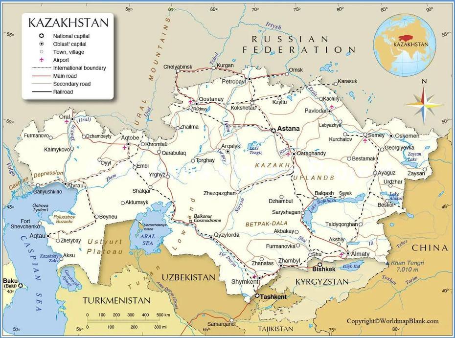 Labeled Map Of Kazakhstan | World Map Blank And Printable, Shymkent, Kazakhstan, Kazakhstan Tourism, Regions Of Kazakhstan