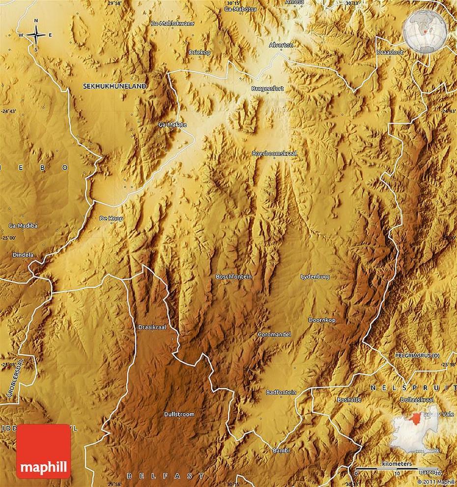 Physical Map Of Lydenburg, Lydenburg, South Africa, Africa  Soweto, North West Africa