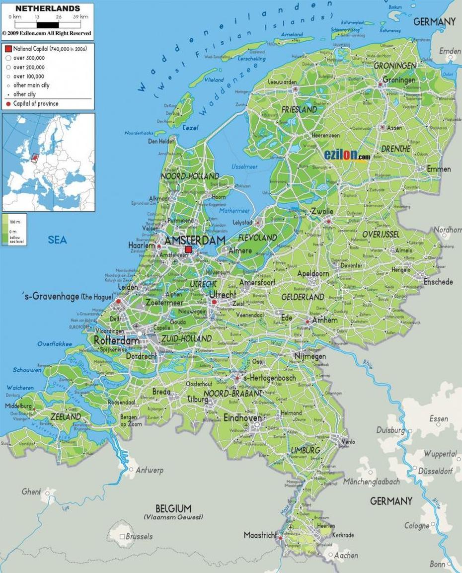 Physical  Of The Netherlands, Detailed  Netherlands, Printable, Teijlingen, Netherlands