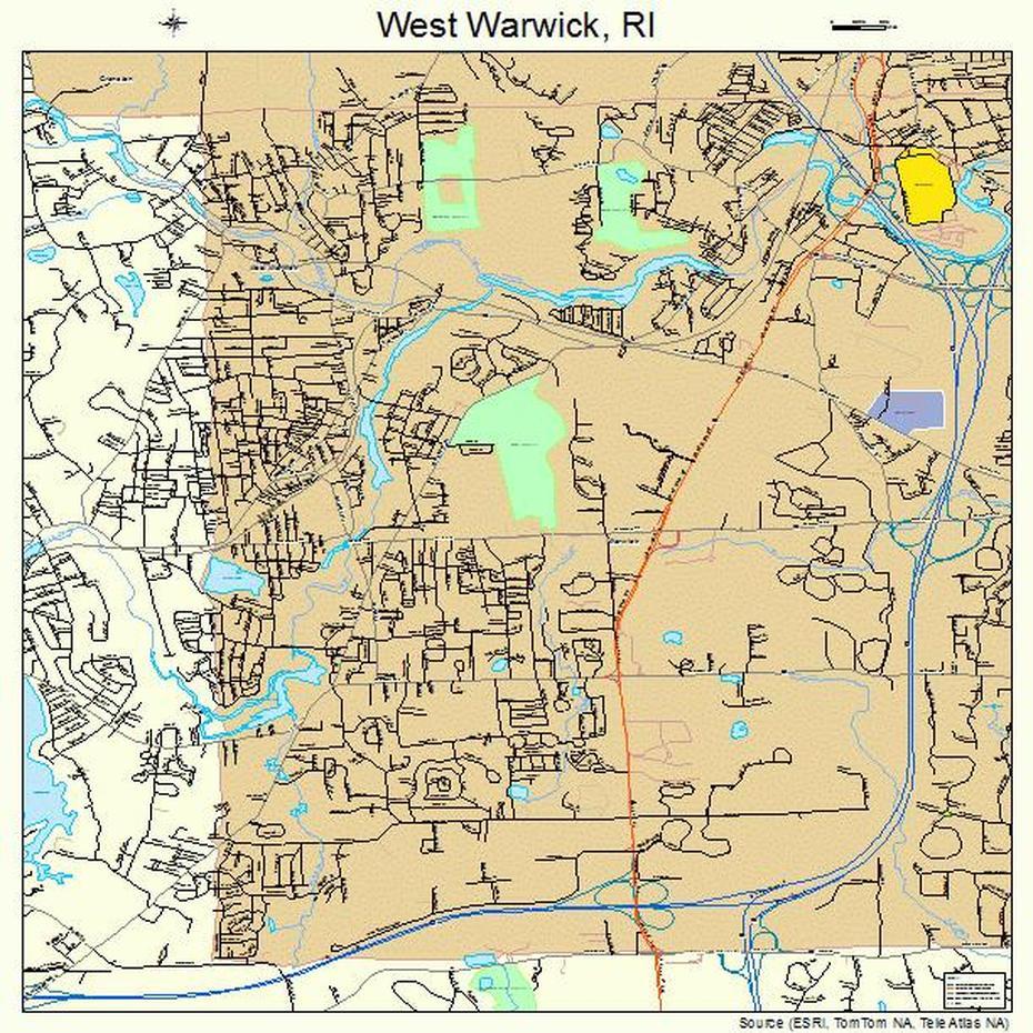 West Warwick Rhode Island Street Map 4478260, West Warwick, United States, 11 Western States, Western United States  With Cities