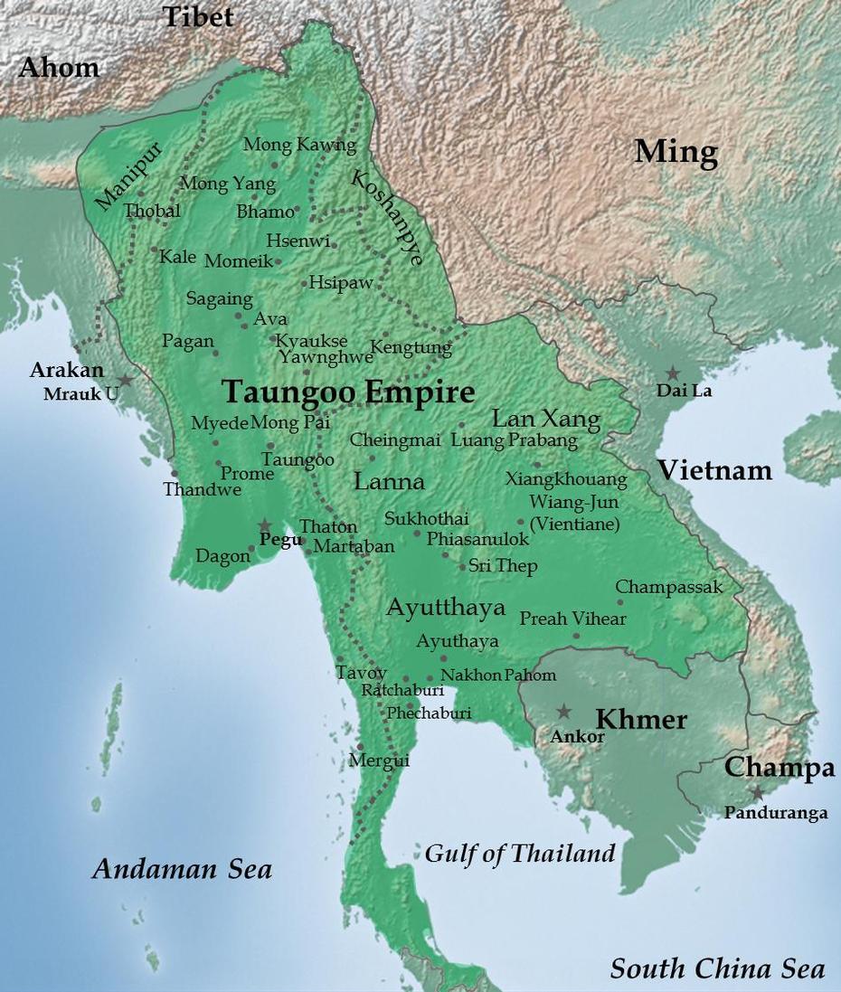 Map Of The Taungoo Empire At Its Highest Extent In 1580, During The …, Taungup, Myanmar, Taung South  Africa, Thomeng  Taung