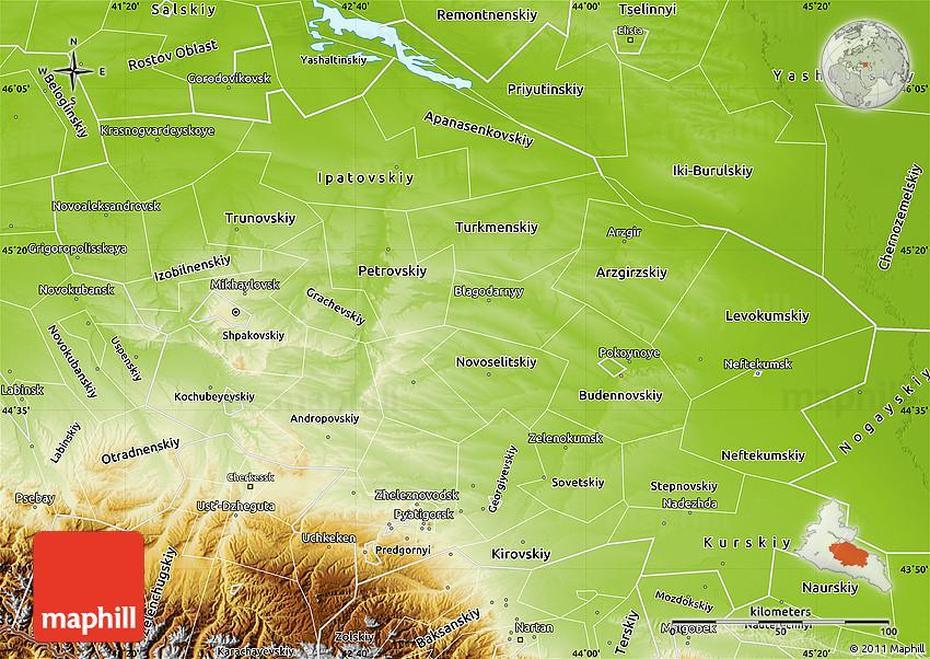 Physical Map Of Stavropol Krai, Stavropol, Russia, Kamchatka Russia, Azerbaijan  Iran