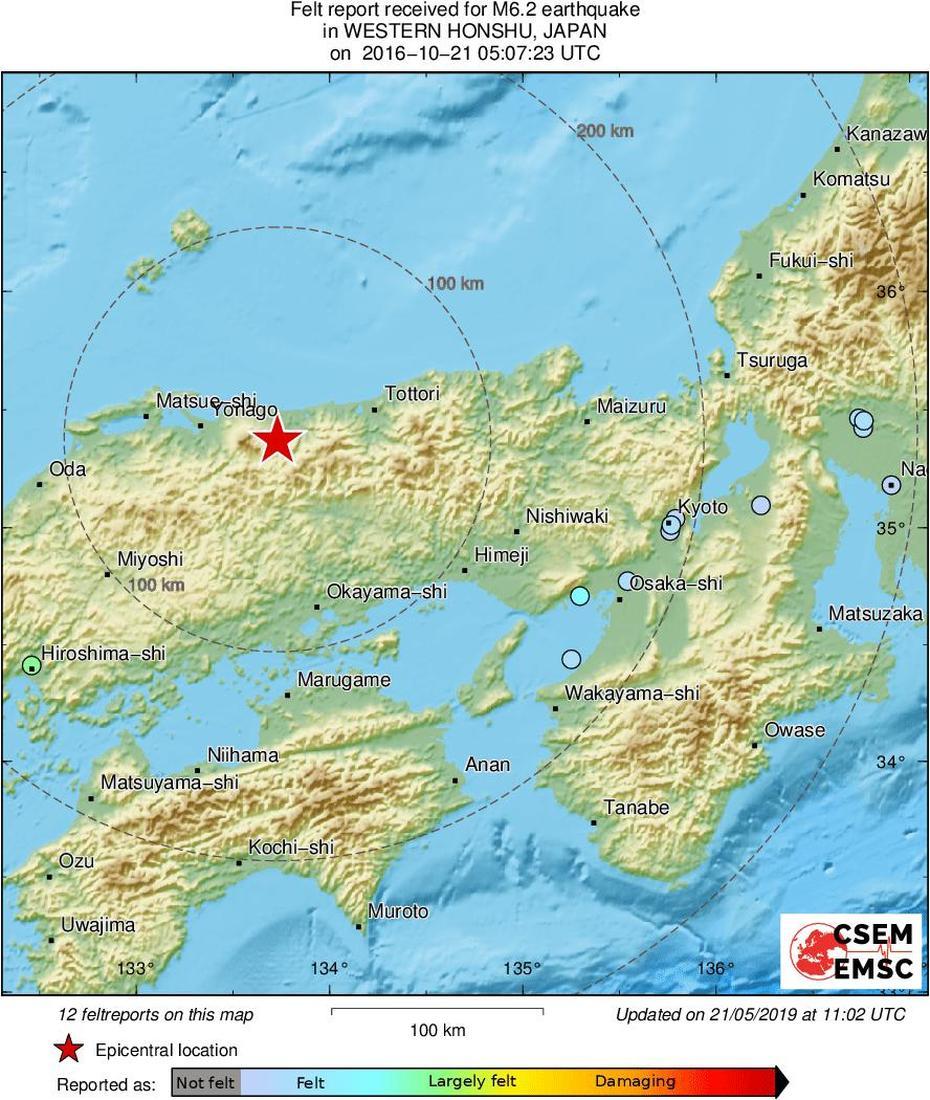 2016-10-21 Mw 6.2 Western Honshu, Japan, Honchō, Japan, Osaka  Location, Nagoya Japan