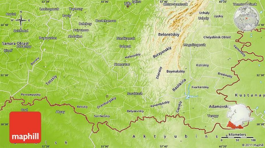 Physical Map Of Orenburg Oblast, Orenburg, Russia, Orenburg Oblast, Omsk Russia