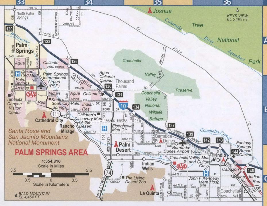 Palm Springs Map, Free Road Map Highway Palm Springs Surrounding Area, Palm Springs, United States, Palm Springs Airport, Palm Springs Stadium