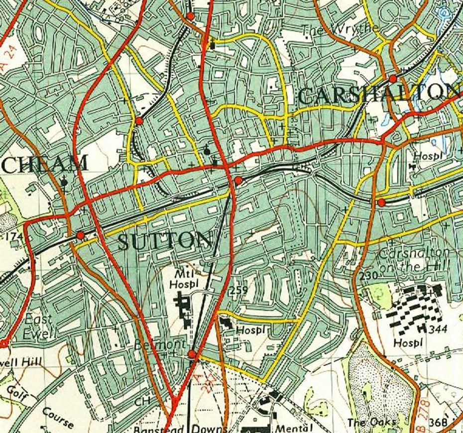 Sutton, Surrey, Map From 1955 & 1970S, Sutton, United Kingdom, Bournemouth England, Wiltshire Uk