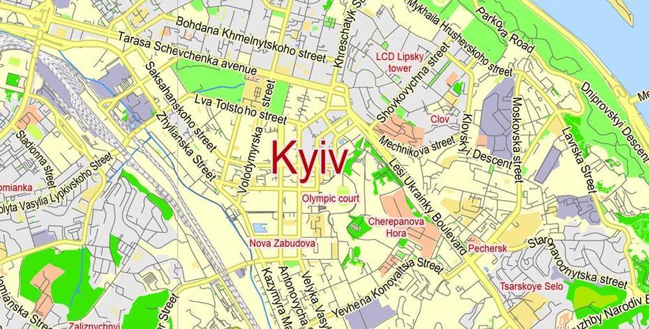 Kiev Pdf Vector Map Ukraine English City Plan Editable Pdf Street Map, Kyiv, Ukraine, Ukraine Road, Dnipro Ukraine
