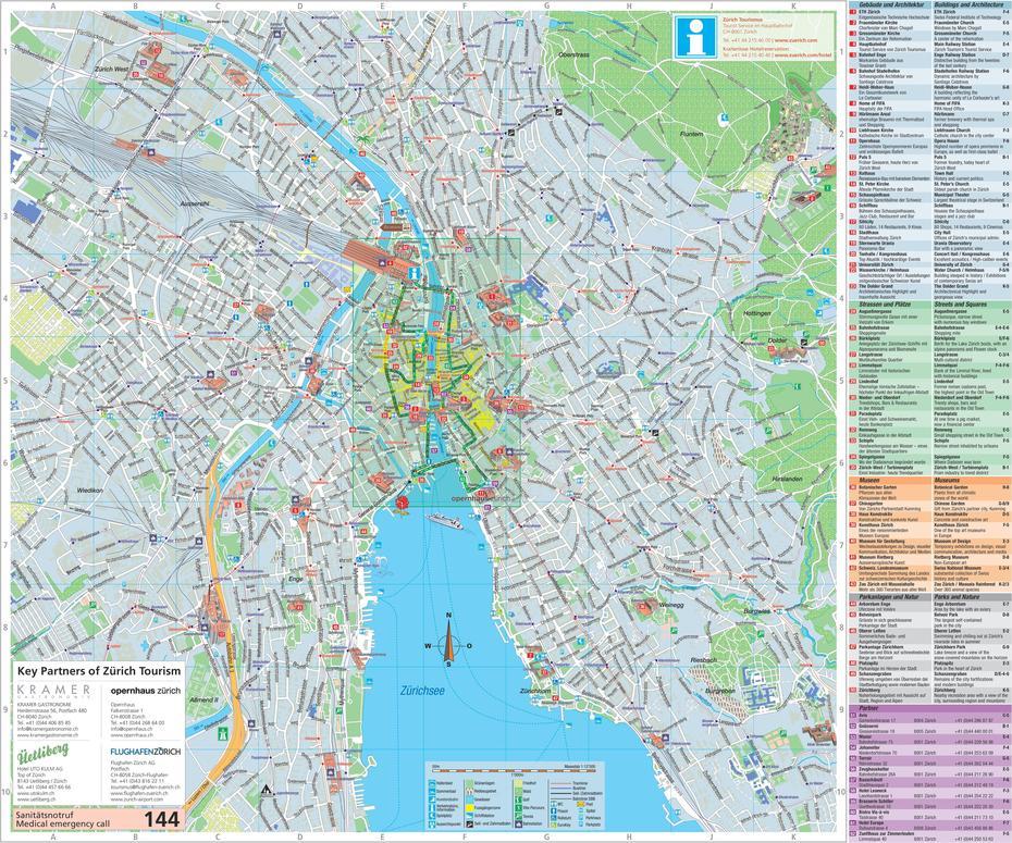 Large Detailed Tourist Map Of Zurich, Zürich, Switzerland, Zurich On, Lake Zurich