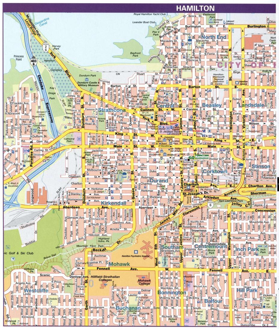 Map Downtown Hamilton, Ontario Canada.Hamilton City Map With Highways …, Hamilton, Canada, Canada  Satellite, Hamilton City Canada