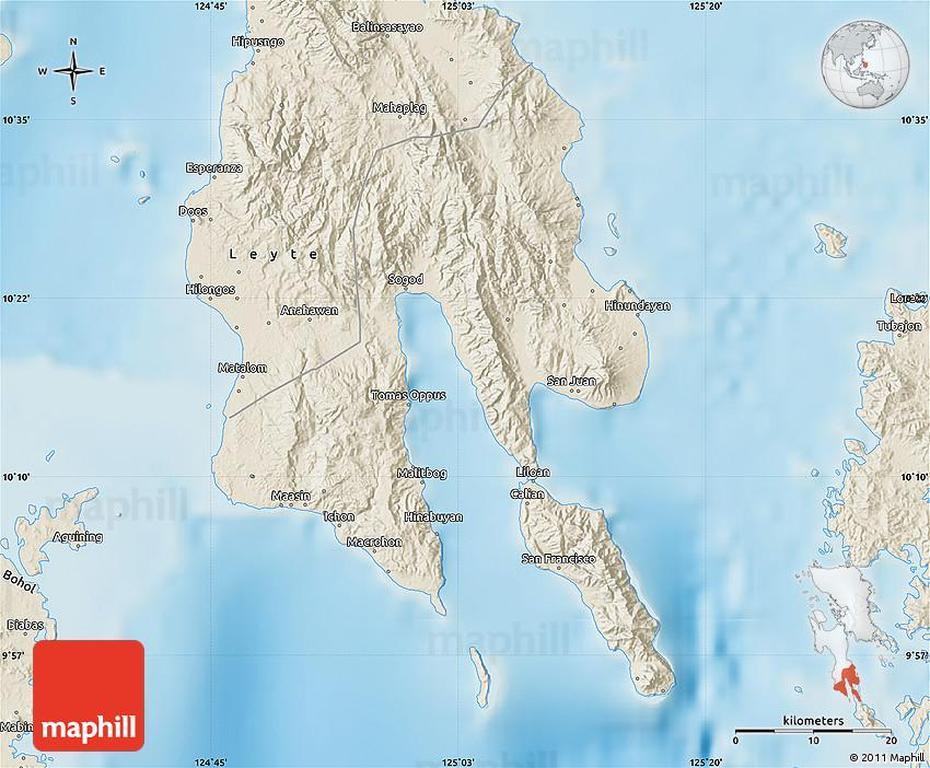 Shaded Relief Map Of Southern Leyte, Leyte, Philippines, Samar Philippines, Dulag Leyte Philippines