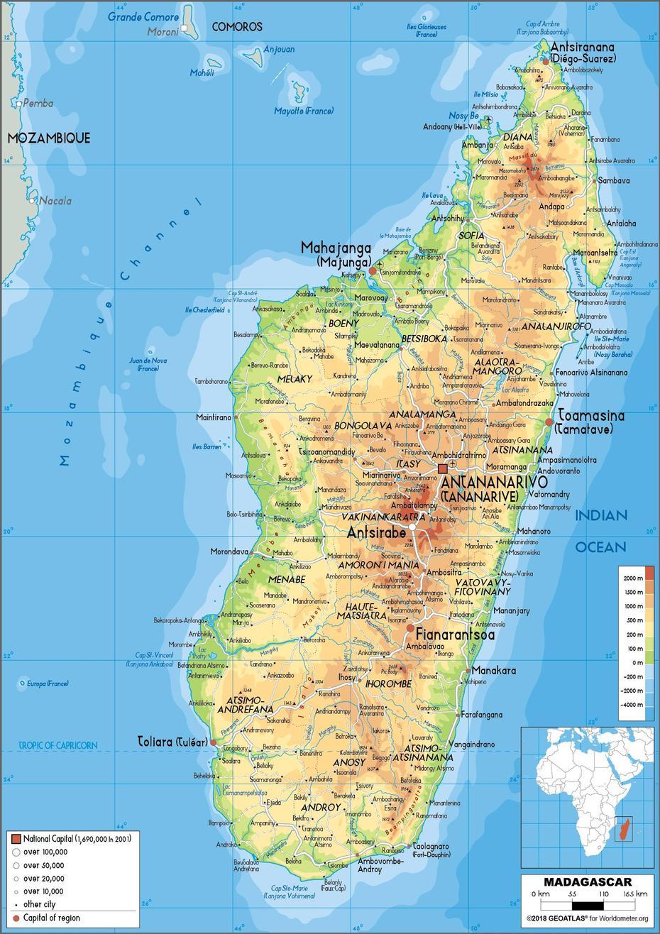 Large Size Physical Map Of Madagascar – Worldometer, Antsahalava, Madagascar, Madagascar Mountains, Madagascar Rainforest