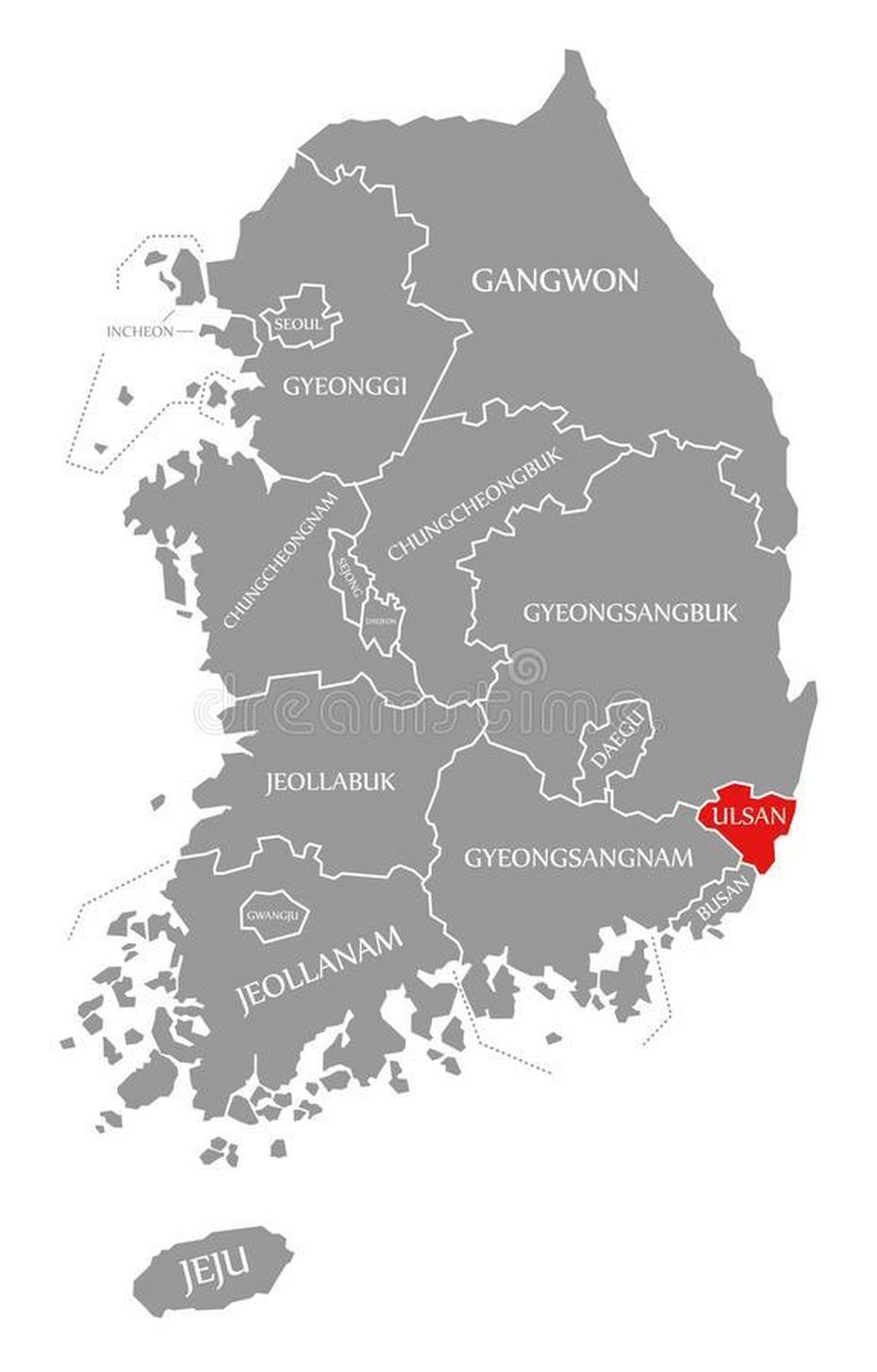 Ulsan Red Highlighted In Map Of South Korea  –   , : 166291295, Ulsan, South Korea, Pyeongchang South Korea, Gwangju